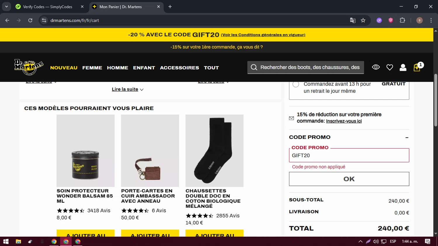 Dr. Martens promo code screenshot showing code GIFT20 applied at Dr. Martens checkout page. Uploaded by SimplyCodes community member 61664350 on Dec 26, 2025