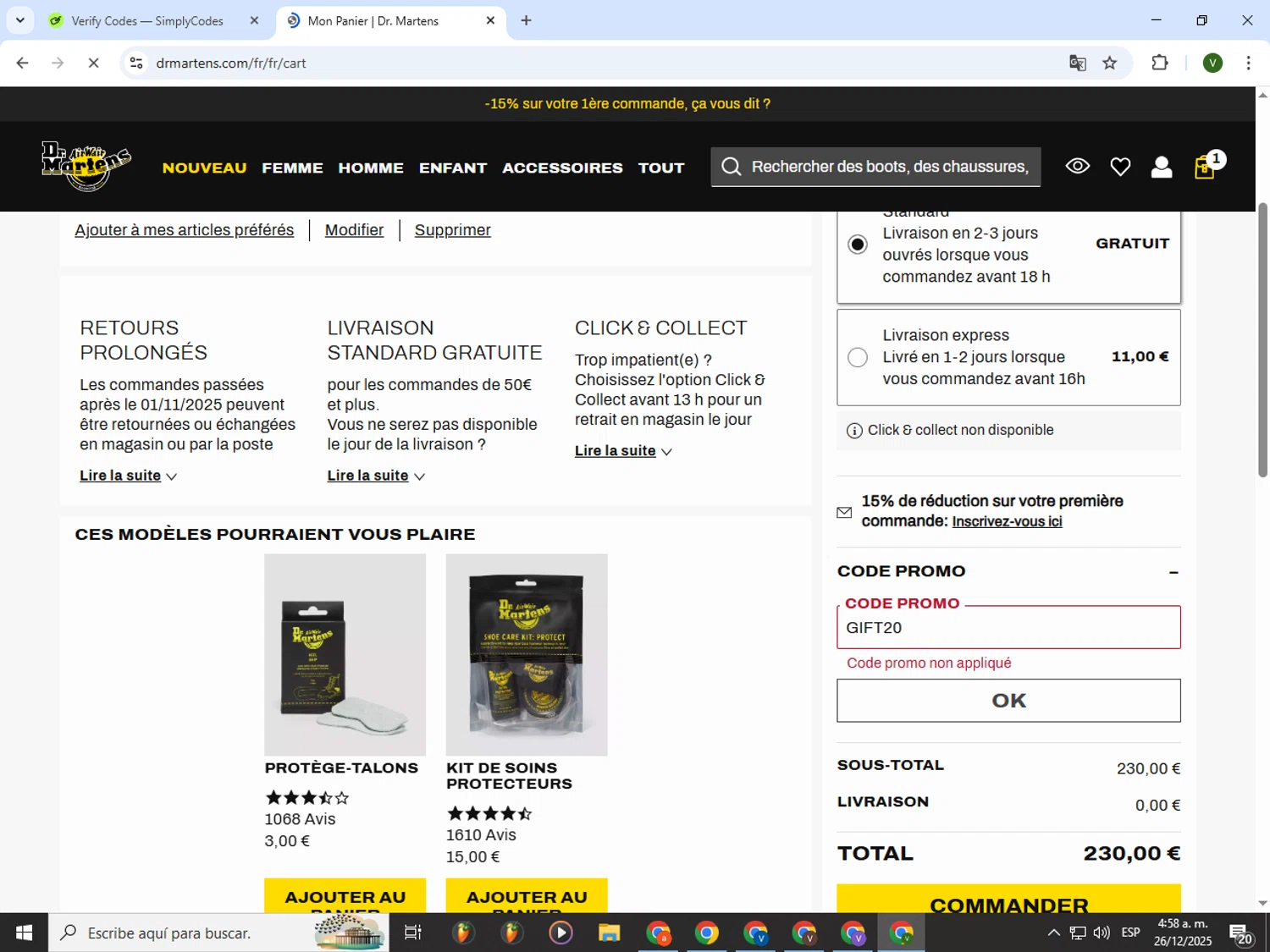 Dr. Martens checkout page showing Dr. Martens promo code box | Screenshot taken by SimplyCodes community member on Dec 26, 2025