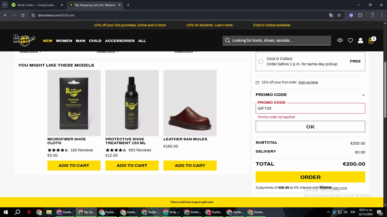 Dr. Martens checkout page showing Dr. Martens promo code box | Screenshot taken by SimplyCodes community member on Dec 22, 2025