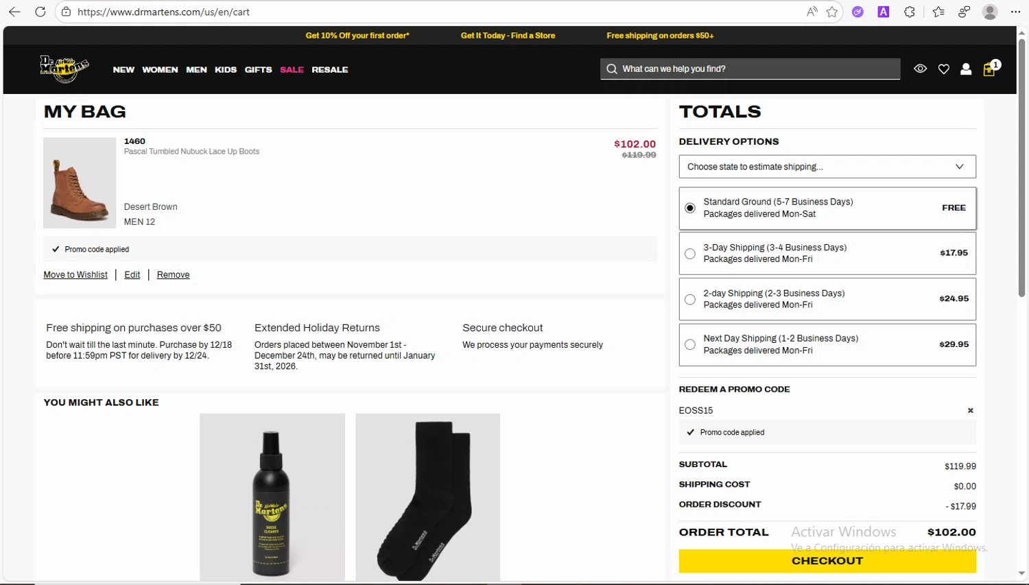 Dr. Martens promo code screenshot showing code EOSS15 applied at Dr. Martens checkout page. Uploaded by SimplyCodes community member VoucherWhiz9254 on Dec 25, 2025