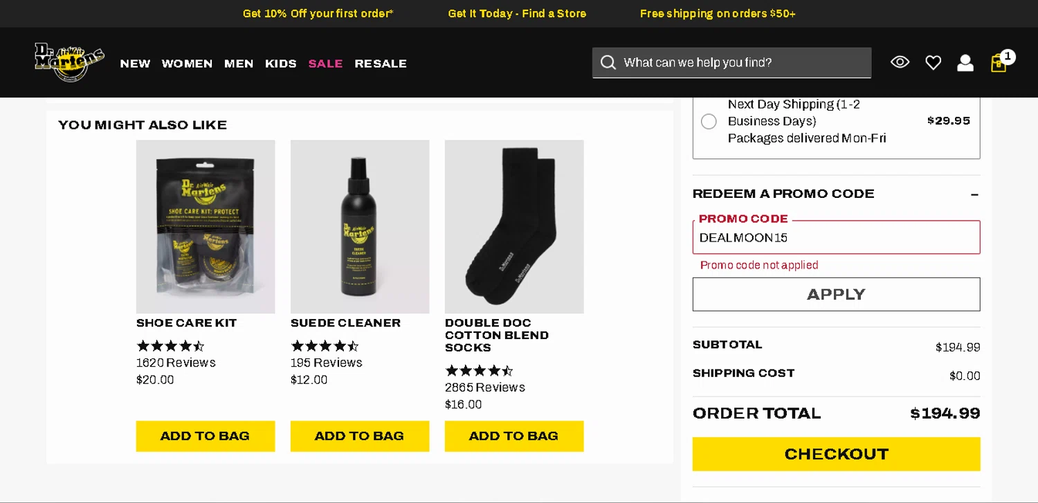 Dr. Martens promo code screenshot showing code DEALMOON15 applied at Dr. Martens checkout page. Uploaded by SimplyCodes community member CrownAce9258 on Dec 31, 2025