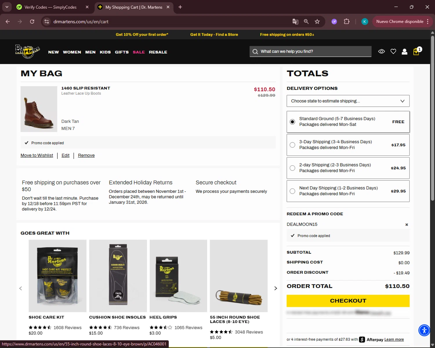 Dr. Martens promo code screenshot showing code DEALMOON15 applied at Dr. Martens checkout page. Uploaded by SimplyCodes community member VoucherSleuth3236 on Dec 25, 2025