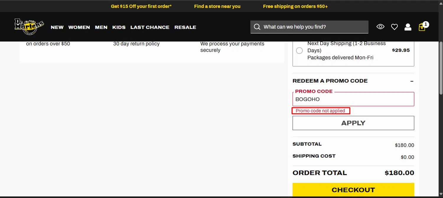 Dr. Martens promo code screenshot showing code BOGOHO applied at Dr. Martens checkout page. Uploaded by SimplyCodes community member noworries on Feb 26, 2026