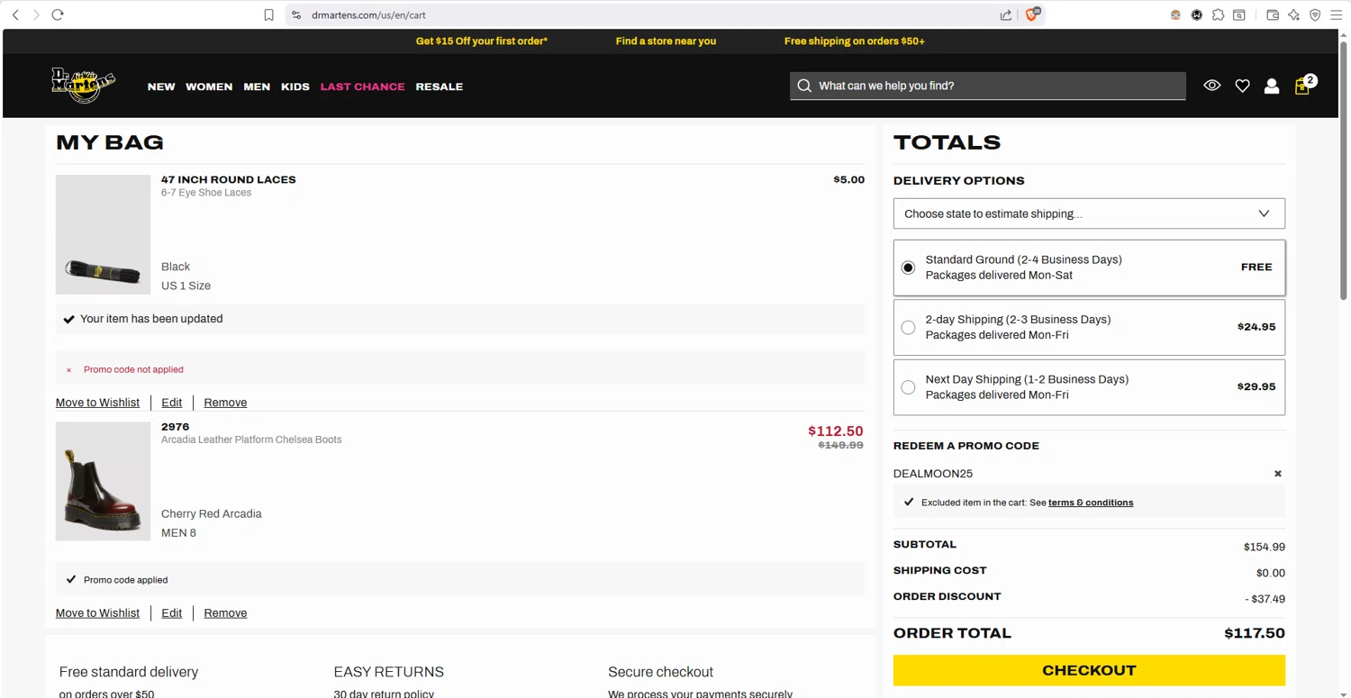 Dr. Martens checkout page showing Dr. Martens promo code box | Screenshot taken by SimplyCodes community member on Feb 13, 2026