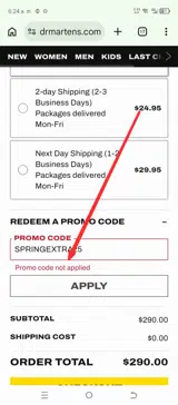 Dr. Martens coupon verification screenshot