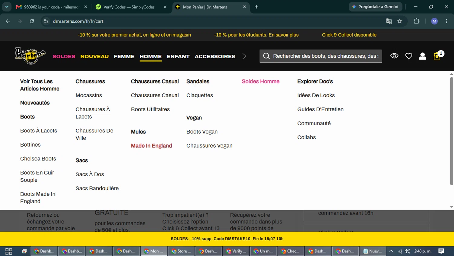 Verification screenshot for 10% Off Clearance Items at Dr. Martens - 5d ago