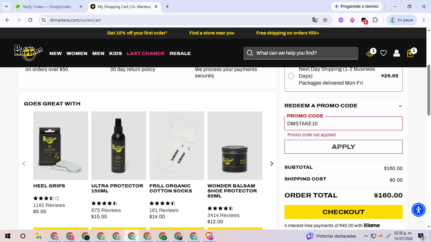 Verification screenshot for 10% Off Clearance Items at Dr. Martens - 5d ago