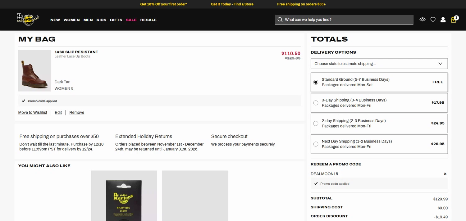 Dr. Martens promo code screenshot showing code DEALMOON15 applied at Dr. Martens checkout page. Uploaded by SimplyCodes community member ivantorres on Dec 25, 2025
