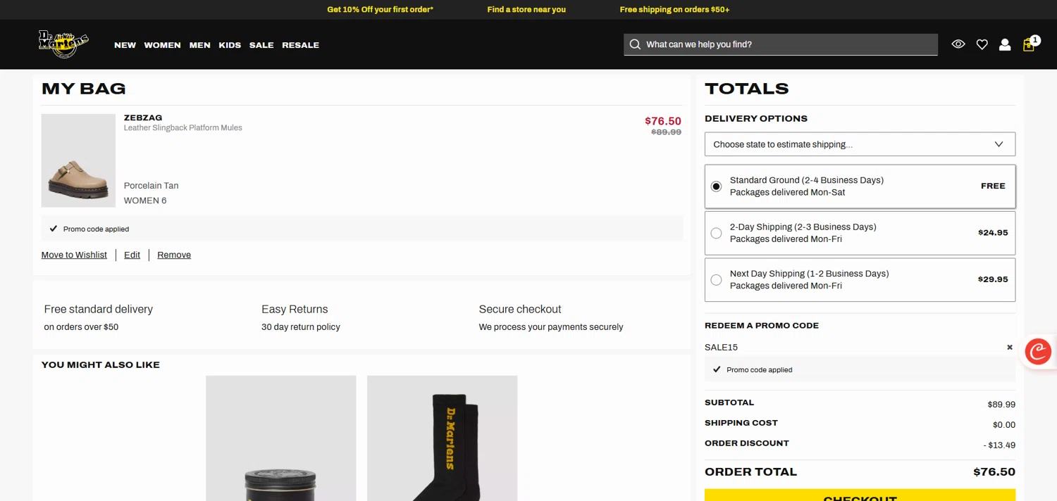Dr. Martens promo code screenshot showing code SALE15 applied at Dr. Martens checkout page. Uploaded by SimplyCodes community member ivantorres on Aug 28, 2025