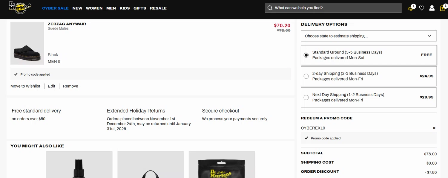 Dr. Martens promo code screenshot showing code CYBEREX10 applied at Dr. Martens checkout page. Uploaded by SimplyCodes community member jesspea on Dec 1, 2025