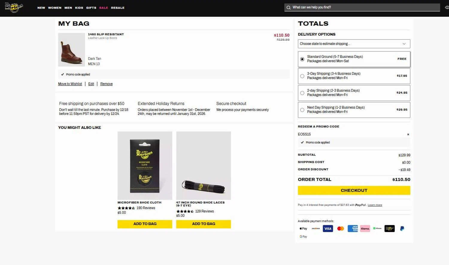 Dr. Martens promo code screenshot showing code EOSS15 applied at Dr. Martens checkout page. Uploaded by SimplyCodes community member stygian1 on Dec 25, 2025