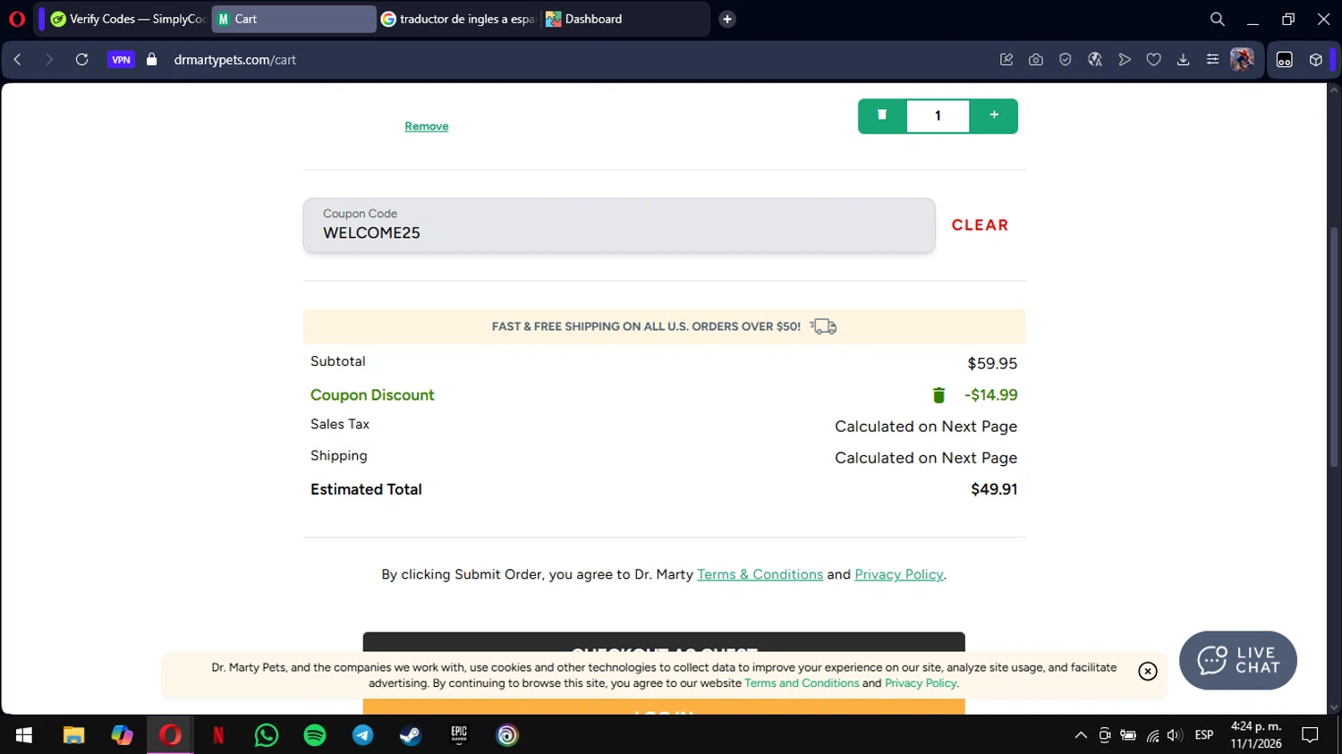 Dr. Marty promo code screenshot showing code WELCOME25 applied at Dr. Marty checkout page. Uploaded by SimplyCodes community member mimusuky1 on Jan 11, 2026