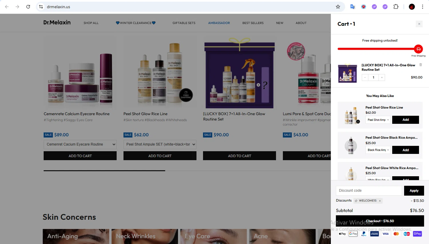 Dr.Melaxin US promo code screenshot showing code WELCOME15 applied at Dr.Melaxin US checkout page. Uploaded by SimplyCodes community member Francisco01 on Feb 15, 2026
