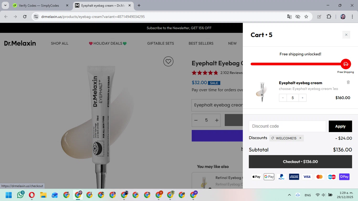 Dr.Melaxin US promo code screenshot showing code WELCOME15 applied at Dr.Melaxin US checkout page. Uploaded by SimplyCodes community member MarielisPb on Dec 29, 2025