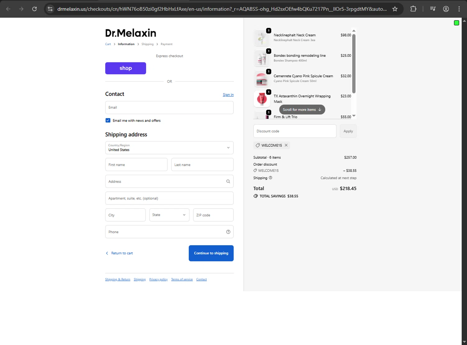 Dr.Melaxin US promo code screenshot showing code WELCOME15 applied at Dr.Melaxin US checkout page. Uploaded by SimplyCodes community member luffyreturn on Jan 1, 2026
