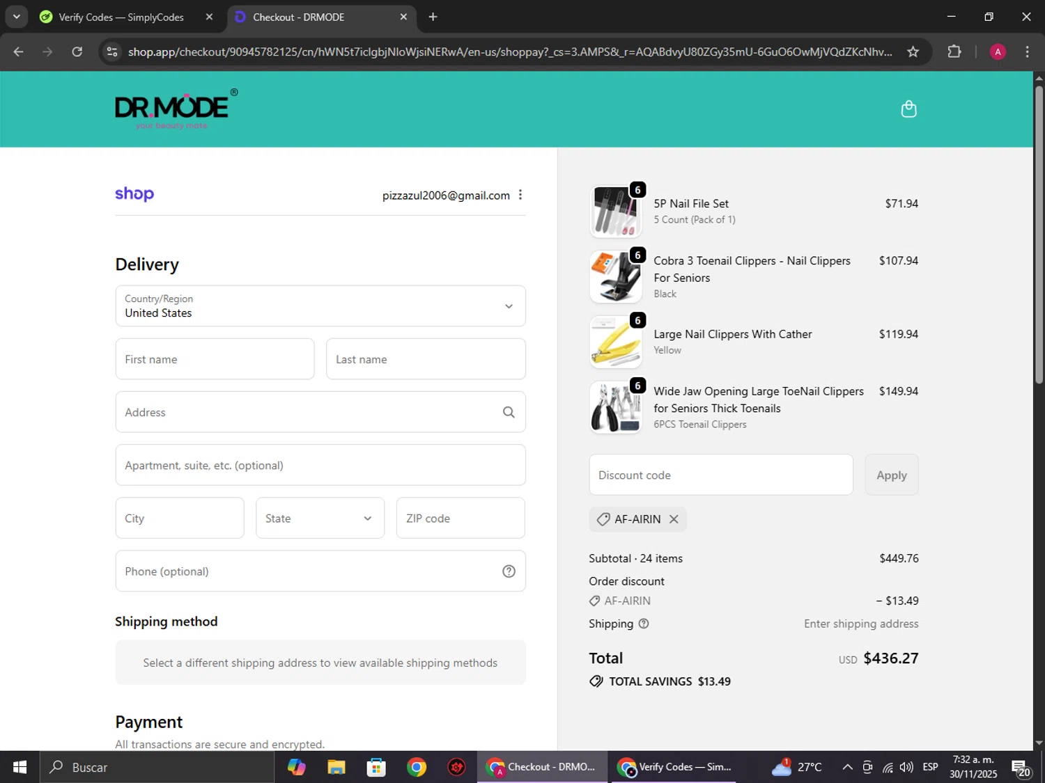 DRMODE promo code screenshot showing code AF-AIRIN applied at DRMODE checkout page. Uploaded by SimplyCodes community member BMWGS1200 on Nov 30, 2025