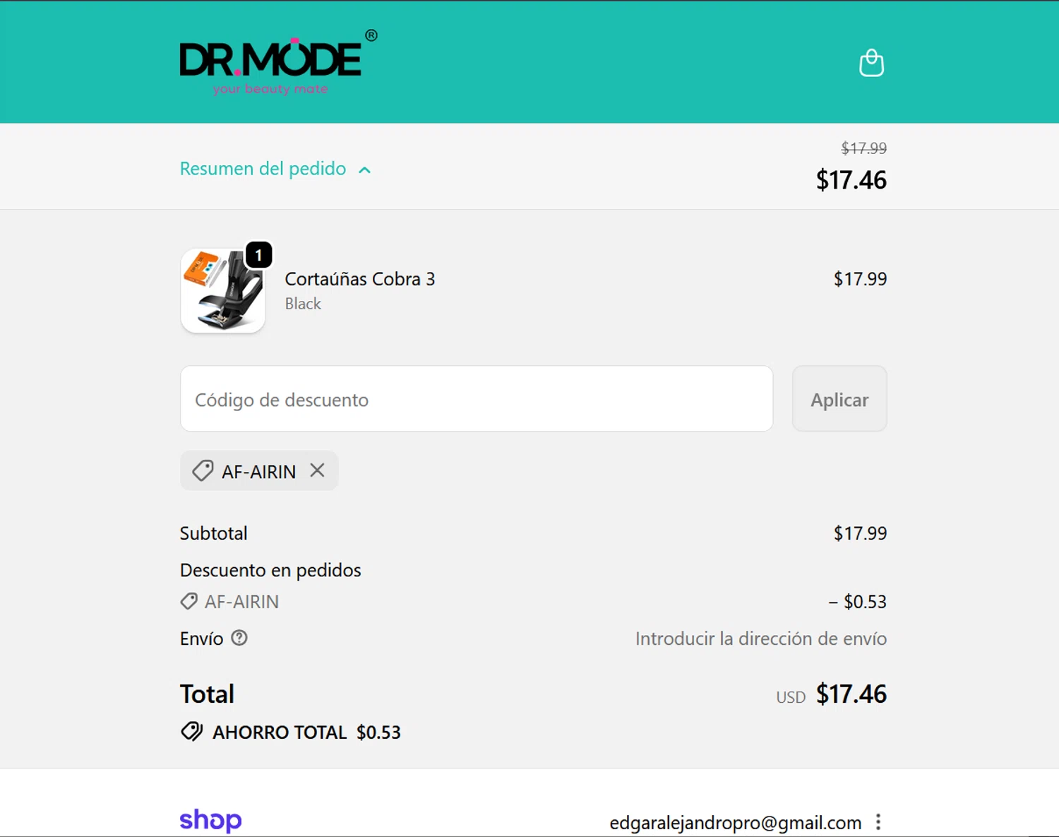 DRMODE promo code screenshot showing code AF-AIRIN applied at DRMODE checkout page. Uploaded by SimplyCodes community member ValiantLion5897 on Oct 3, 2025