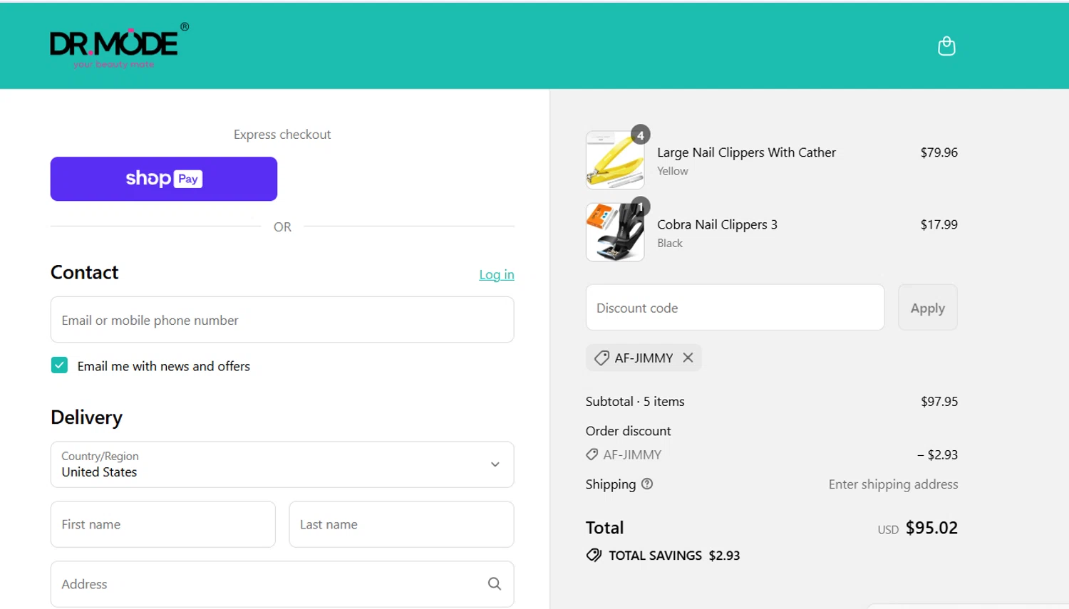 DRMODE promo code screenshot showing code AF-JIMMY applied at DRMODE checkout page. Uploaded by SimplyCodes community member CouponWarden4757 on Aug 13, 2025