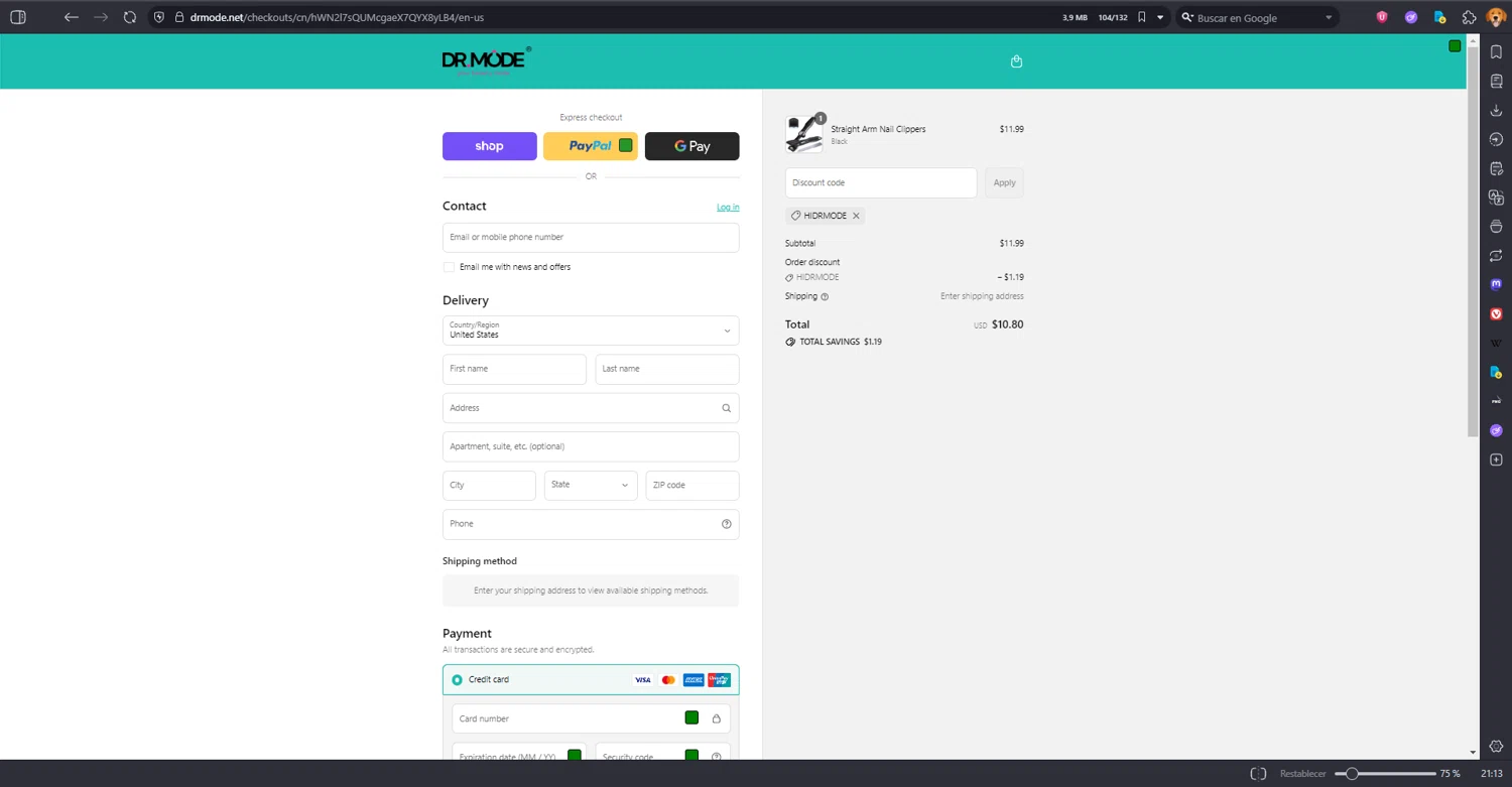 DRMODE promo code screenshot showing code HIDRMODE applied at DRMODE checkout page. Uploaded by SimplyCodes community member MRDEAL on Sep 9, 2025