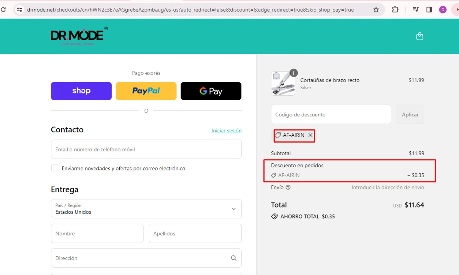 DRMODE promo code screenshot showing code AF-AIRIN applied at DRMODE checkout page. Uploaded by SimplyCodes community member nileskamarcano on Sep 5, 2025