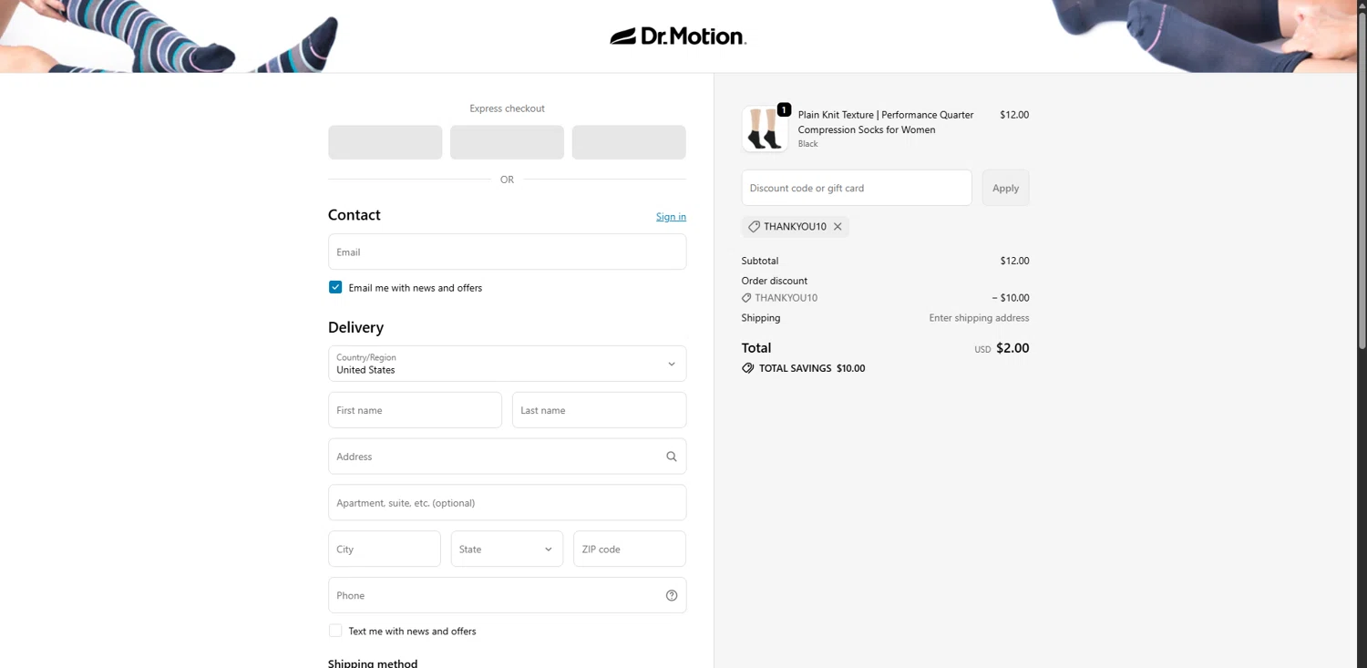 Dr. Motion discount code screenshot showing code THANKYOU10 applied at Dr. Motion checkout page. Uploaded by SimplyCodes community member RewardPhoenix3732 on Oct 19, 2025