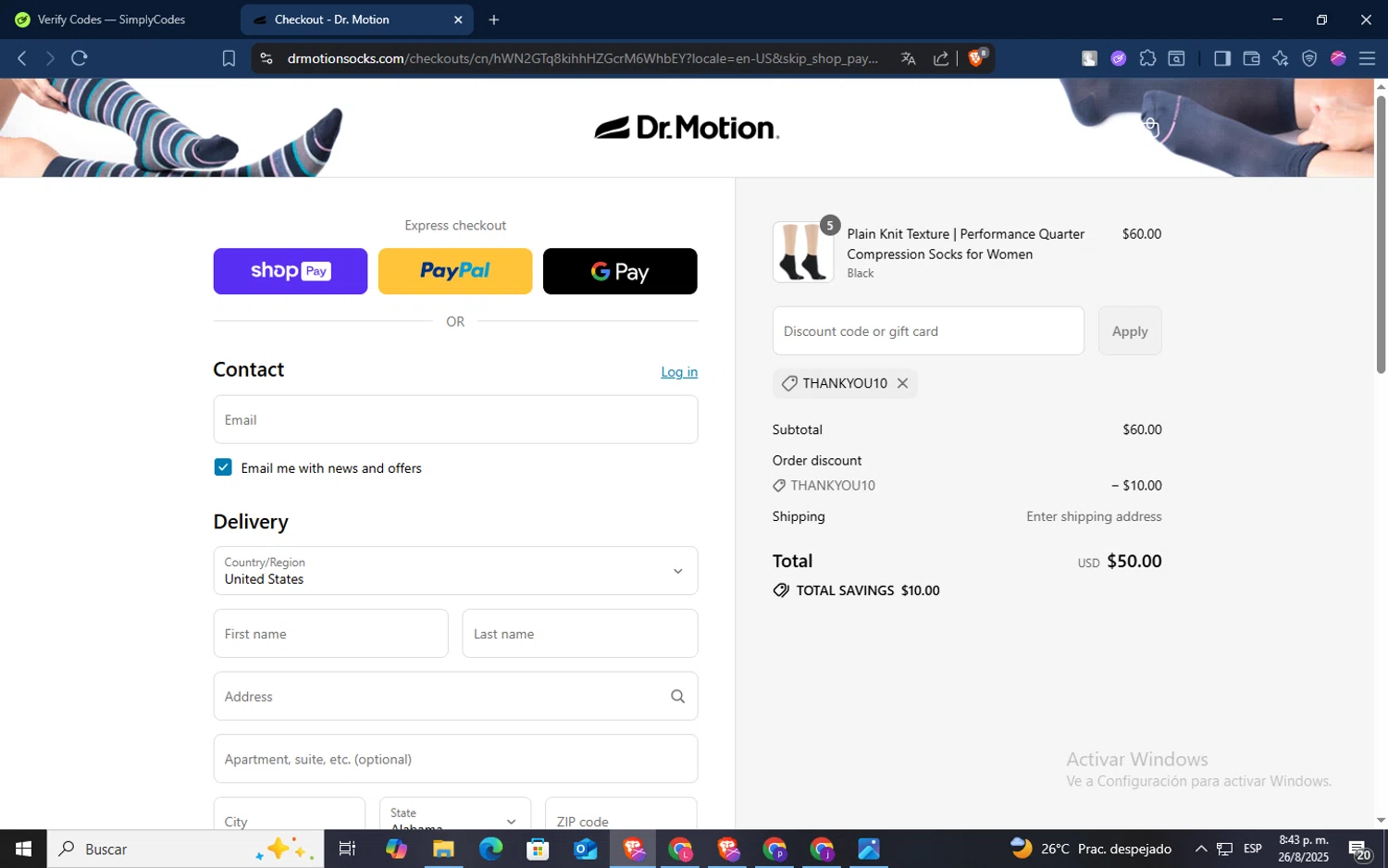 Dr. Motion discount code screenshot showing code THANKYOU10 applied at Dr. Motion checkout page. Uploaded by SimplyCodes community member TokenSaver1205 on Aug 27, 2025