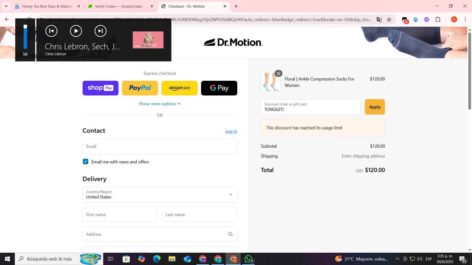 Dr. Motion discount code screenshot showing code TGNG62TJ applied at Dr. Motion checkout page. Uploaded by SimplyCodes community member FrugalSentinel6206 on Jun 30, 2025