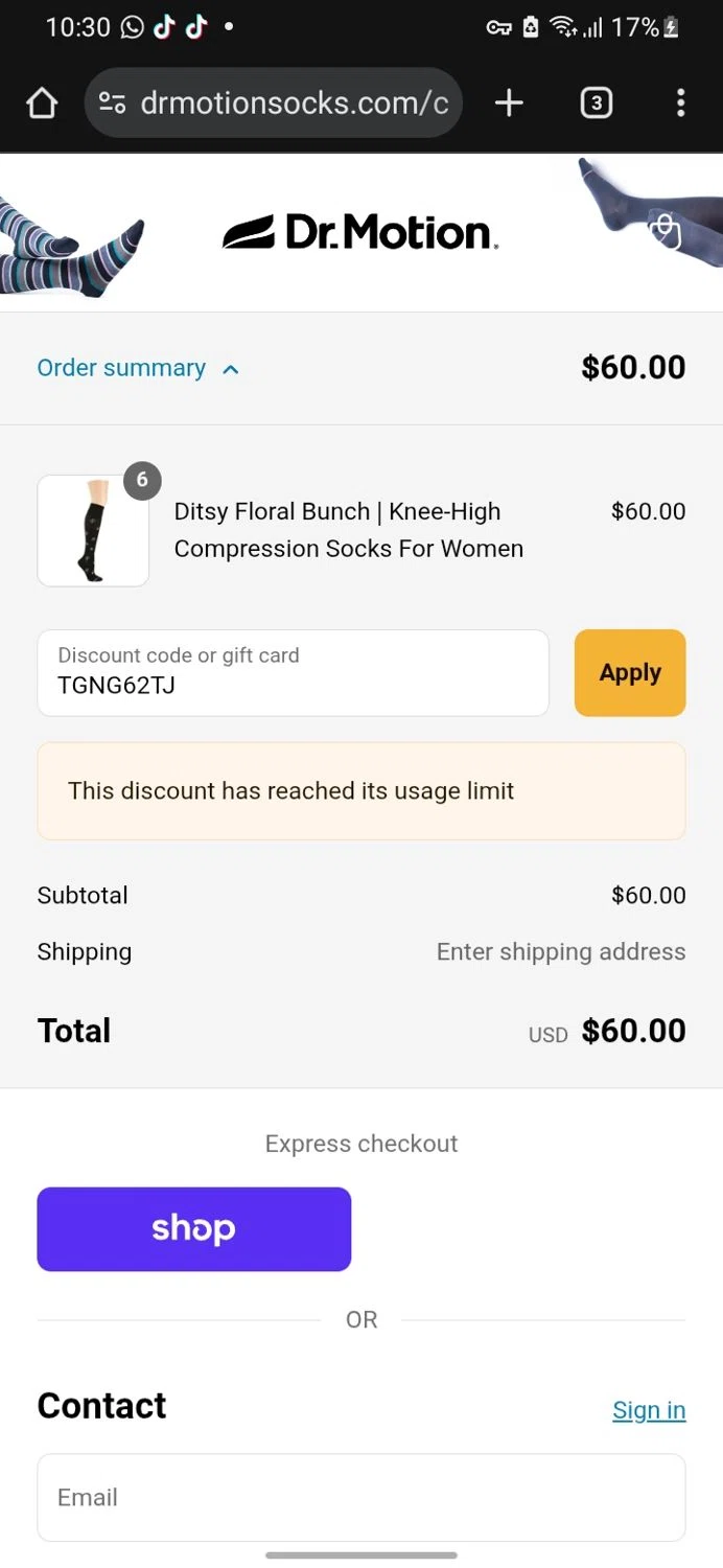 Dr. Motion discount code screenshot showing code TGNG62TJ applied at Dr. Motion checkout page. Uploaded by SimplyCodes community member miguelcrast on Sep 10, 2025