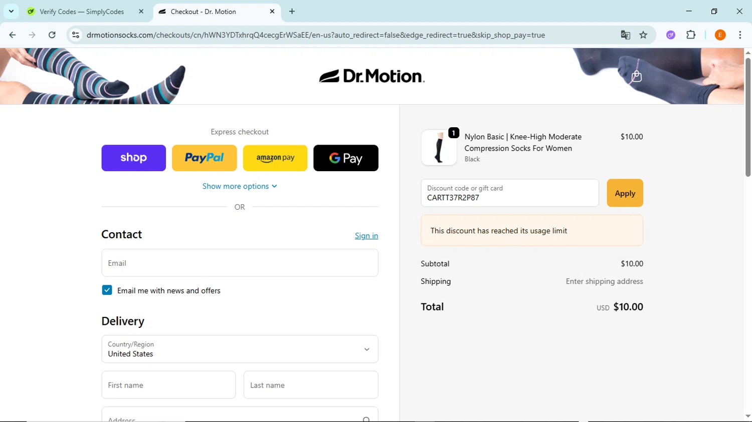Dr. Motion discount code screenshot showing code CARTT37R2P87 applied at Dr. Motion checkout page. Uploaded by SimplyCodes community member BudgetFox5491 on Sep 29, 2025