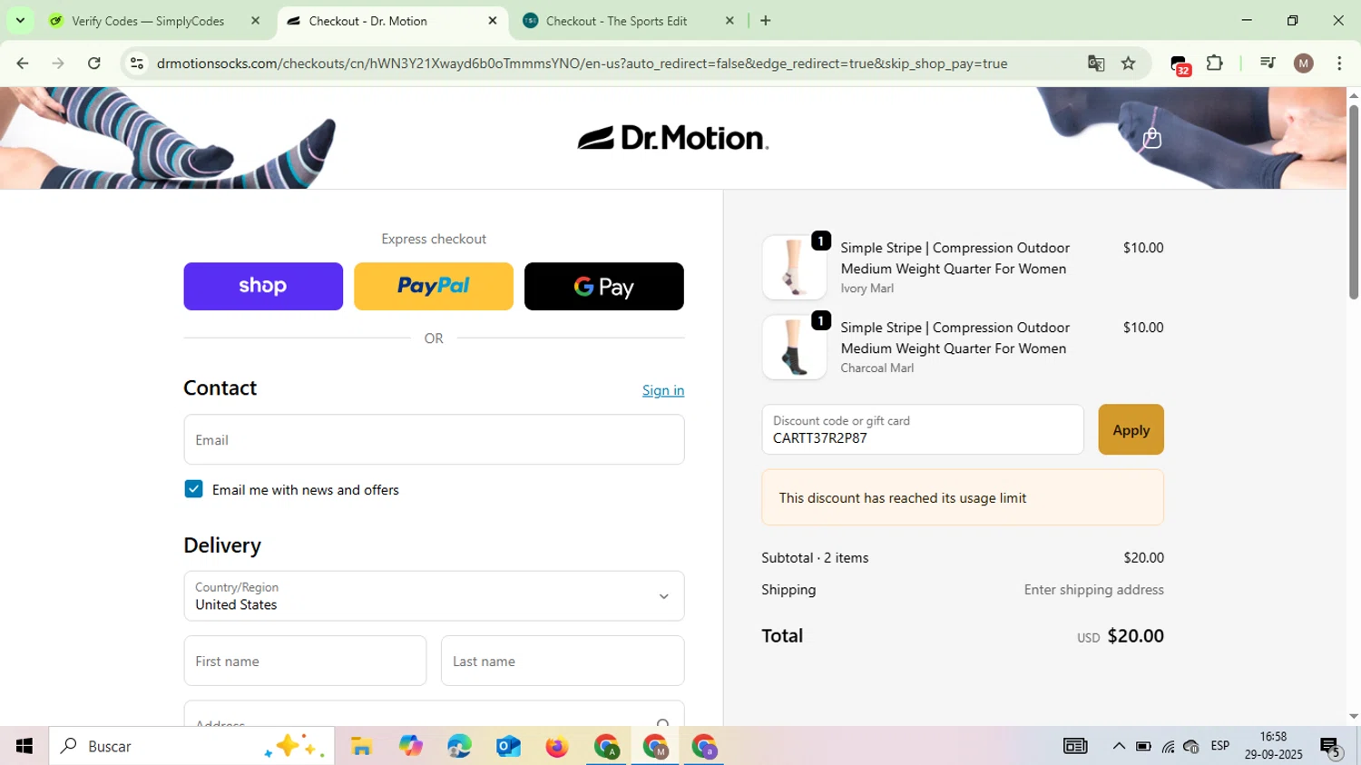 Dr. Motion discount code screenshot showing code CARTT37R2P87 applied at Dr. Motion checkout page. Uploaded by SimplyCodes community member MariaSarai on Sep 29, 2025