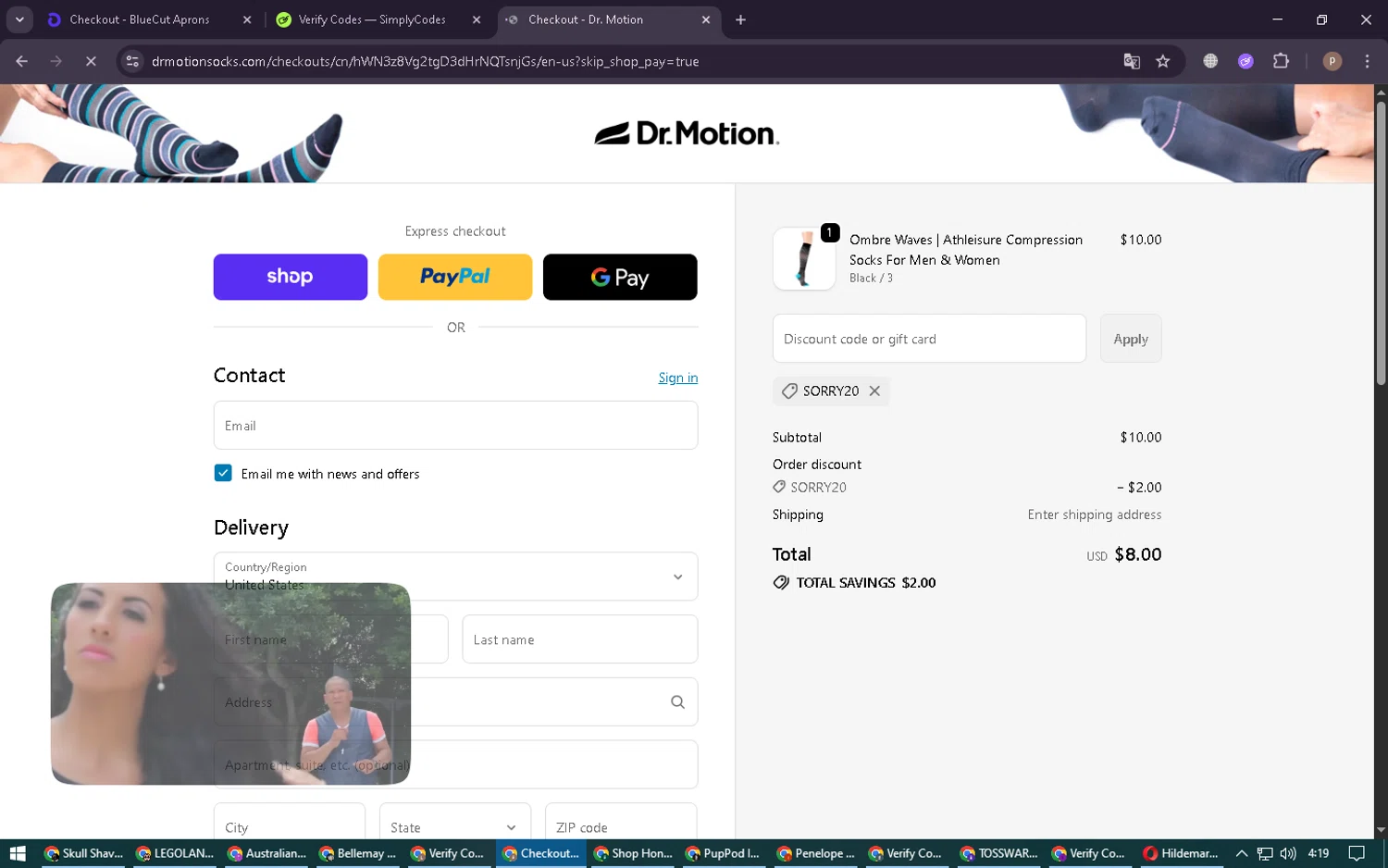 Dr. Motion discount code screenshot showing code SORRY20 applied at Dr. Motion checkout page. Uploaded by SimplyCodes community member RoyalSleuth6331 on Oct 11, 2025