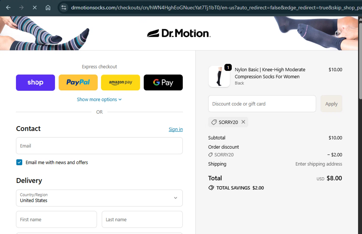 Dr. Motion discount code screenshot showing code SORRY20 applied at Dr. Motion checkout page. Uploaded by SimplyCodes community member xAngel on Oct 19, 2025
