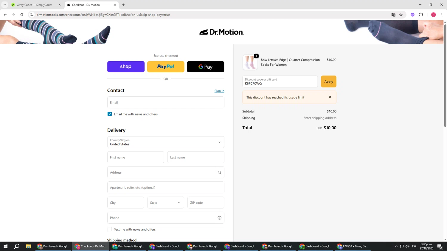 Dr. Motion discount code screenshot showing code K6PCFCWQ applied at Dr. Motion checkout page. Uploaded by SimplyCodes community member TTTT55 on Oct 27, 2025