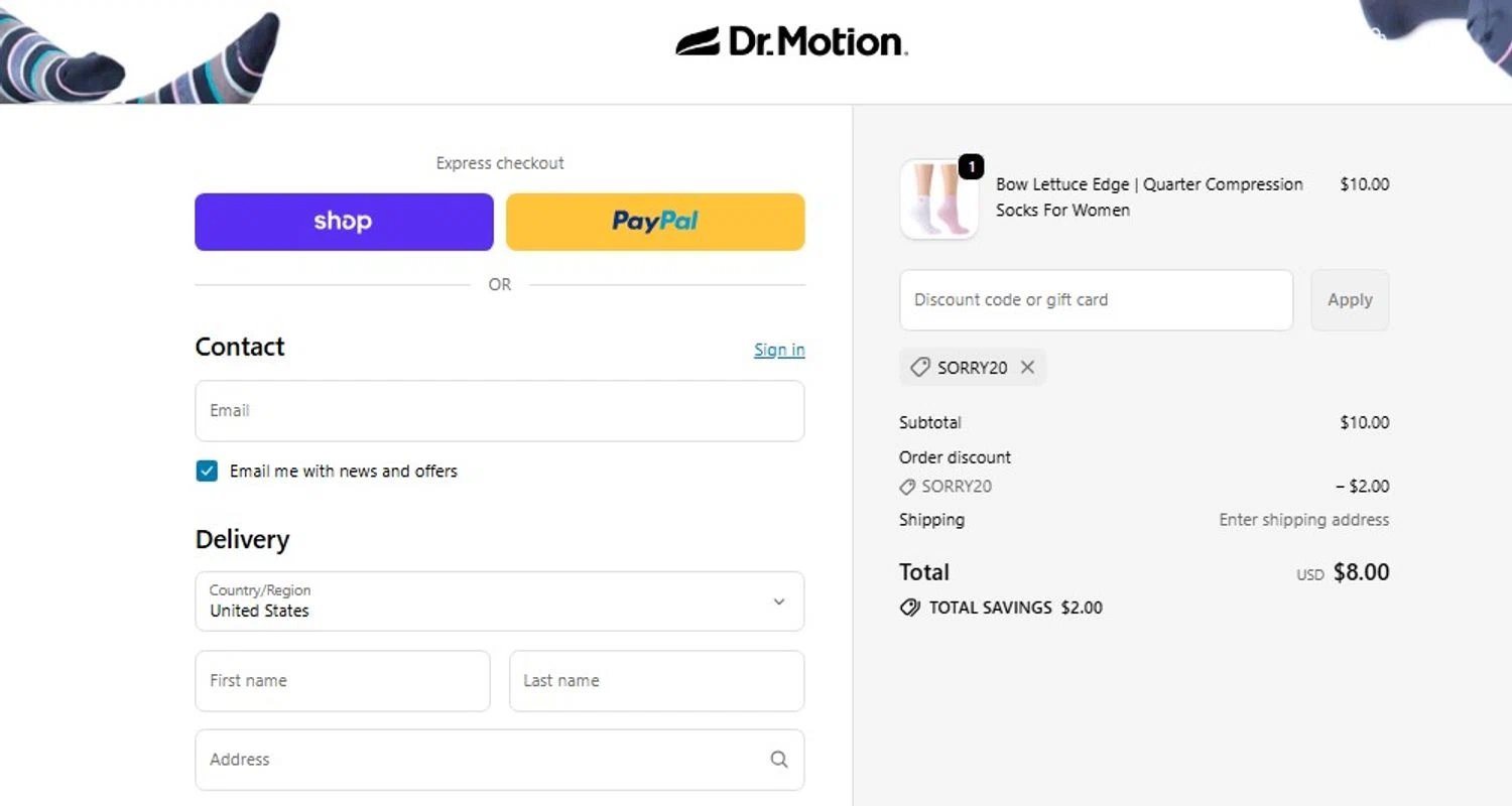 Dr. Motion discount code screenshot showing code SORRY20 applied at Dr. Motion checkout page. Uploaded by SimplyCodes community member frankrivero on Oct 1, 2025