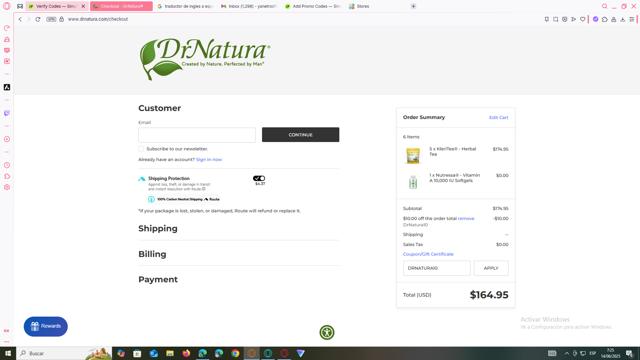 DrNatura checkout page showing DrNatura coupon code box | Screenshot taken by SimplyCodes community member on Jun 14, 2025