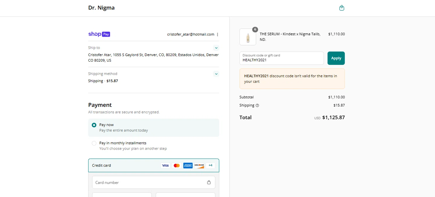 Dr. Nigma Talib promo code screenshot showing code HEALTHY2021 applied at Dr. Nigma Talib checkout page. Uploaded by SimplyCodes community member FundoSinai on Jul 28, 2025