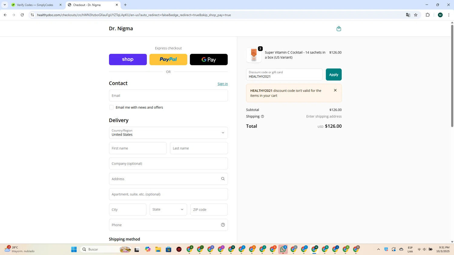 Dr. Nigma Talib promo code screenshot showing code HEALTHY2021 applied at Dr. Nigma Talib checkout page. Uploaded by SimplyCodes community member MDLECHUZA on Oct 4, 2025
