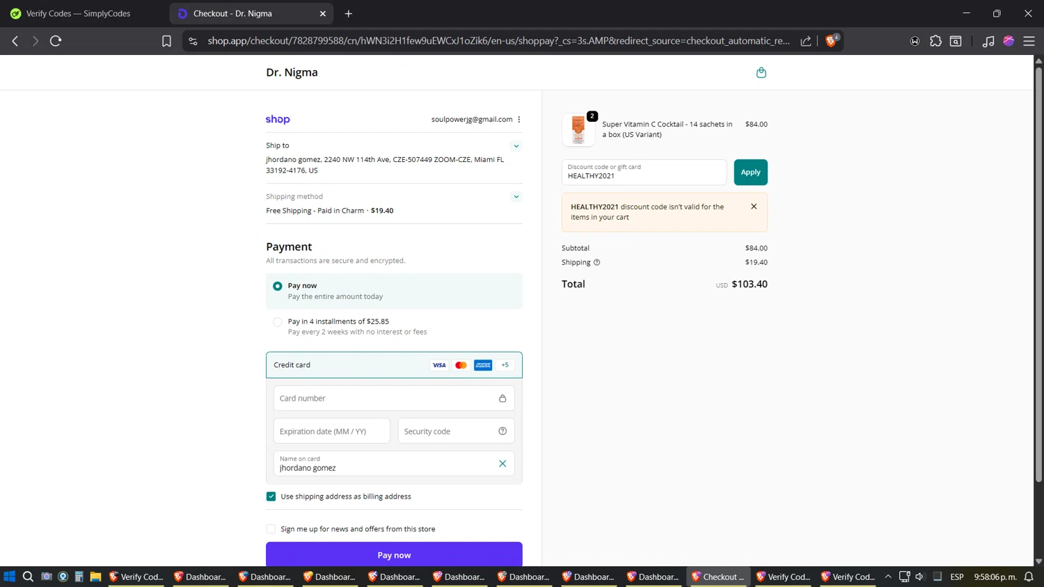 Dr. Nigma Talib promo code screenshot showing code HEALTHY2021 applied at Dr. Nigma Talib checkout page. Uploaded by SimplyCodes community member jhordano on Oct 4, 2025