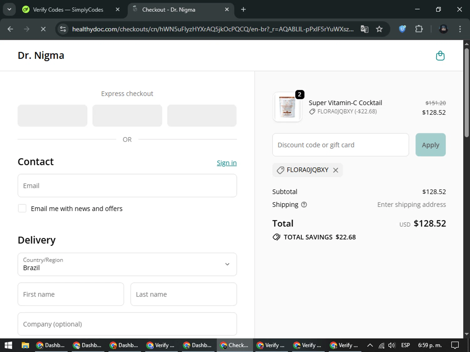 Dr. Nigma Talib promo code screenshot showing code Flora0jQBXY applied at Dr. Nigma Talib checkout page. Uploaded by SimplyCodes community member ValueElite5945 on Nov 30, 2025