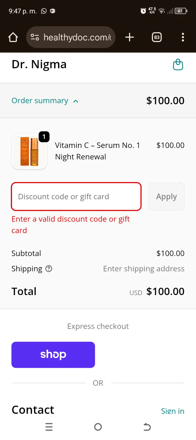 Dr. Nigma Talib promo code screenshot showing code 50%OFF applied at Dr. Nigma Talib checkout page. Uploaded by SimplyCodes community member GoshMitico on Oct 24, 2025