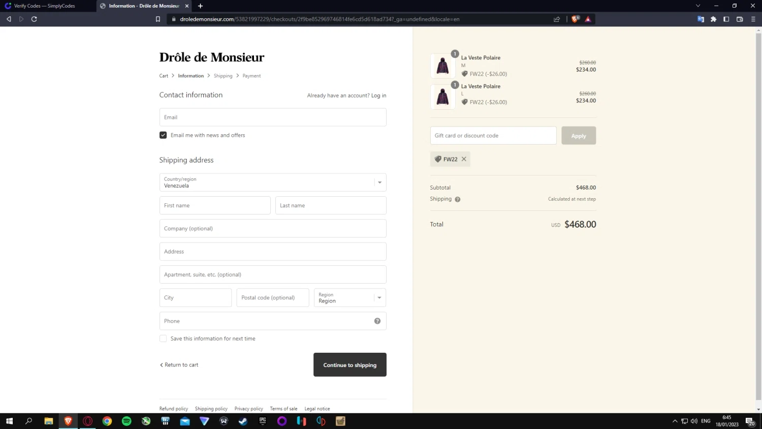 Drole de Monsieur checkout page showing Drole de Monsieur discount code box | Screenshot taken by SimplyCodes community member on Jan 18, 2023