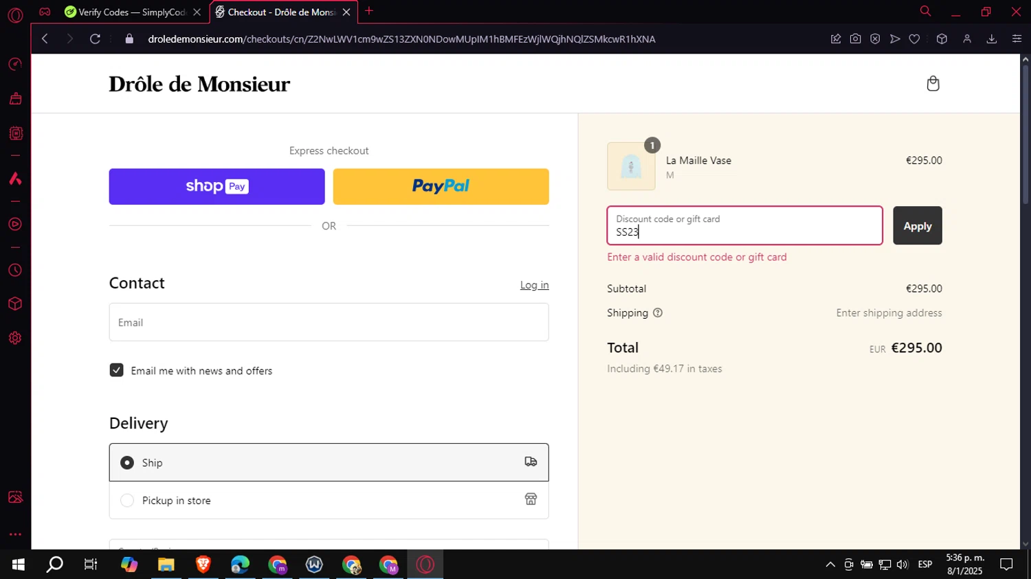 Drole de Monsieur discount code screenshot showing code SS23 applied at Drole de Monsieur checkout page. Uploaded by SimplyCodes community member VoucherCollector3778 on Jan 8, 2025