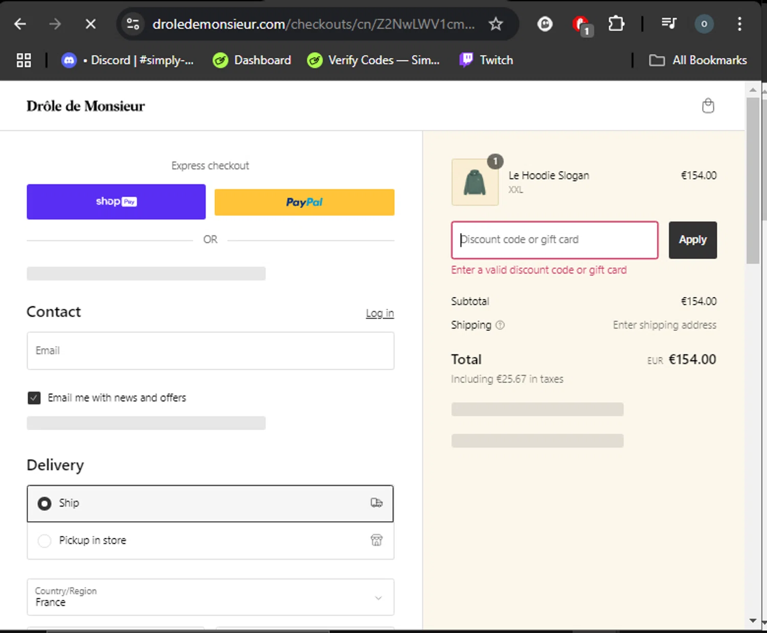 Drole de Monsieur discount code screenshot showing code FW23 applied at Drole de Monsieur checkout page. Uploaded by SimplyCodes community member DealHero3744 on Jan 8, 2025