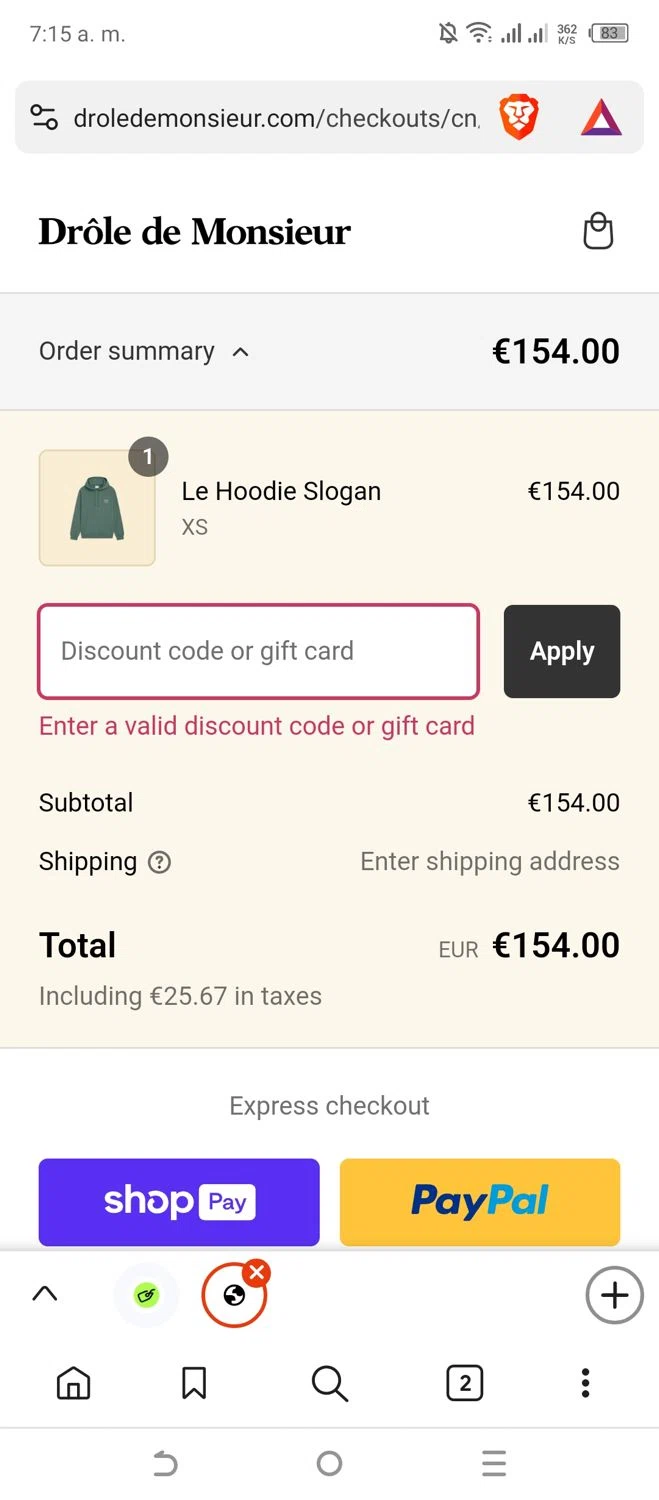 Drole de Monsieur discount code screenshot showing code SS24 applied at Drole de Monsieur checkout page. Uploaded by SimplyCodes community member Sadalsuud on Jan 12, 2025