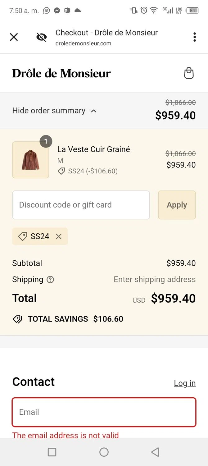 Drole de Monsieur checkout page showing Drole de Monsieur discount code box | Screenshot taken by SimplyCodes community member on Jul 3, 2024