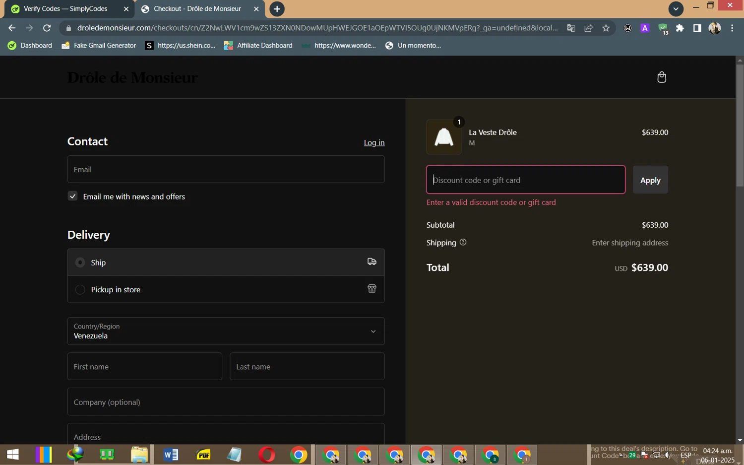 Drole de Monsieur discount code screenshot showing code SS24 applied at Drole de Monsieur checkout page. Uploaded by SimplyCodes community member SaleSaver3540 on Jan 6, 2025