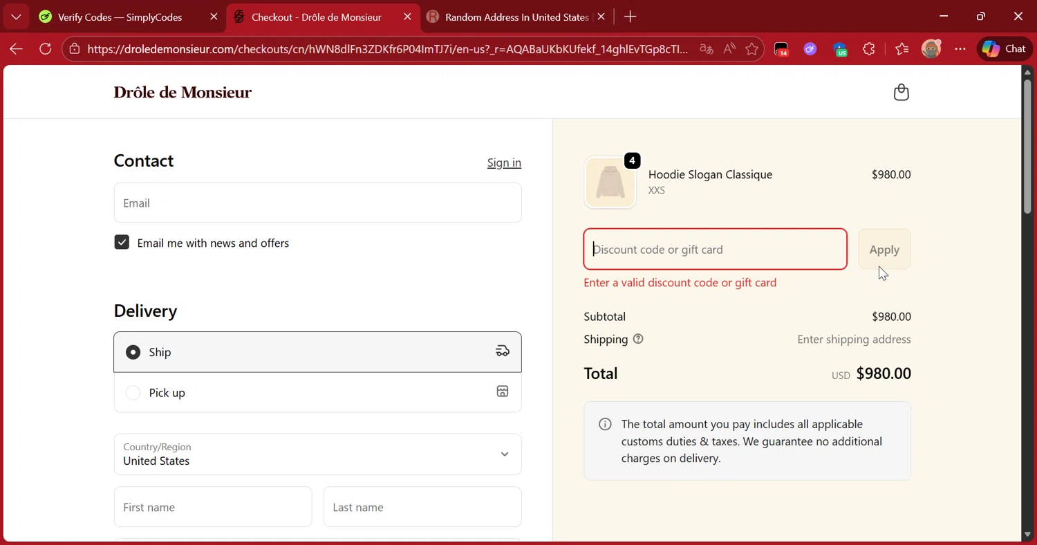 Drole de Monsieur discount code screenshot showing code ss25 applied at Drole de Monsieur checkout page. Uploaded by SimplyCodes community member DiscountScout1417 on Feb 10, 2026
