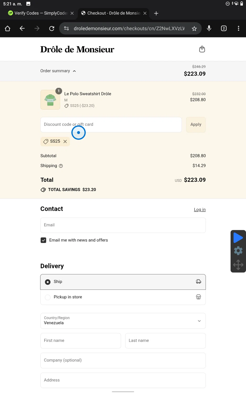 Drole de Monsieur discount code screenshot showing code ss25 applied at Drole de Monsieur checkout page. Uploaded by SimplyCodes community member PennySaver9600 on Jul 17, 2025