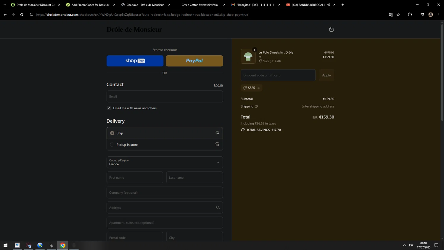 Drole de Monsieur discount code screenshot showing code ss25 applied at Drole de Monsieur checkout page. Uploaded by SimplyCodes community member MarcosAranguren on Jul 17, 2025