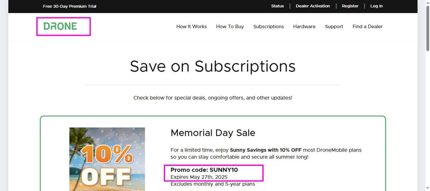 DroneMobile promo code screenshot showing code SUNNY10 applied at DroneMobile checkout page. Uploaded by SimplyCodes community member mrdarcy on May 22, 2025